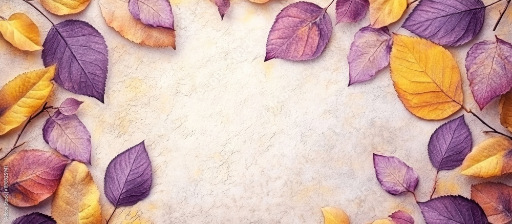 Fototapeta premium Colorful autumn leaves frame on textured background with copy space for text or design elements