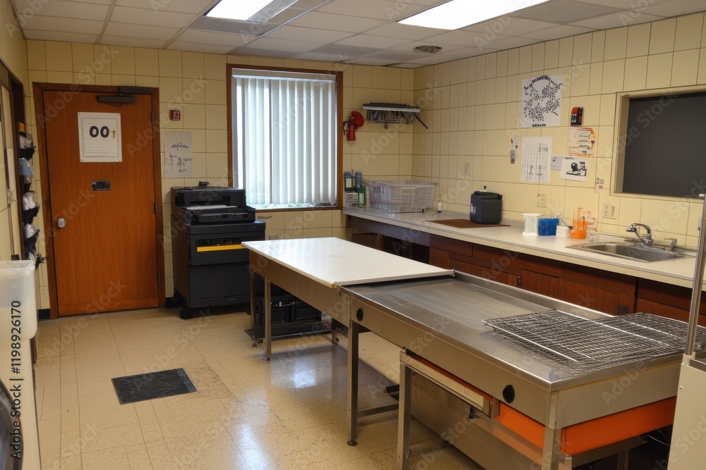 Fototapeta premium Bright and Functional Kitchen Space with Stainless Steel Counters and Ample Storage for Food Preparation and Cooking Activities