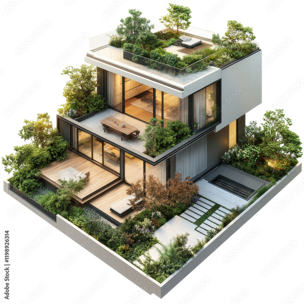 Fototapeta premium Modern Architectural Design with Lush Green Rooftop Garden and Elegant Outdoor Spaces