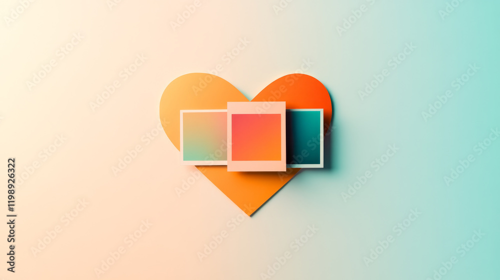 Polaroid-style gradient photos layered over a heart-shaped background on a pastel gradient surface. Minimalistic abstract concept with copy space for design and print. Polaroid-style gradient photos layered over a heart-shaped background on a pastel gradient surface. Minimalistic abstract concept with copy space for design and print.