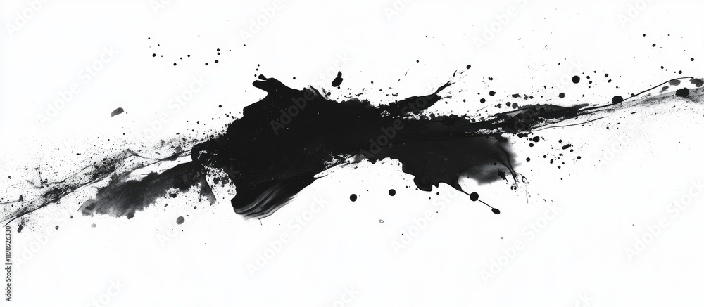 Black ink splash artistic background with splatters on white canvas and ample copy space for text placement. Black ink splash artistic background with splatters on white canvas and ample copy space for text placement.