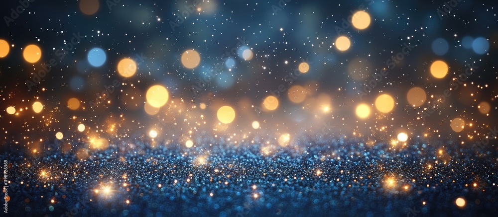 Naklejka premium Abstract bokeh lights background with glittering particles in blue and gold tones Copy Space for text.