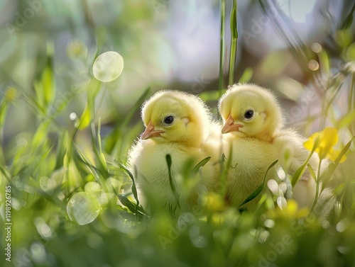 Two Easter chicks nestled in fresh grass symbolizing spring's arrival photo