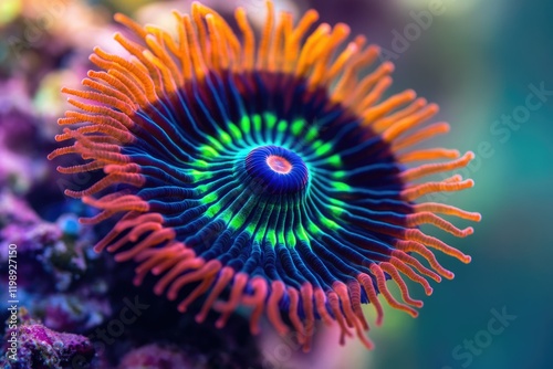 Vibrant coral polyp with orange tentacles and a mesmerizing blue, green, and purple center. photo