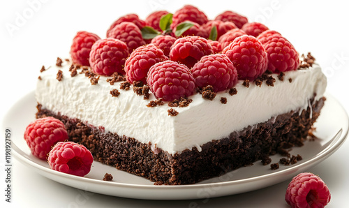 Raspberry dessert, chocolate crust, studio shot, white background, food photography photo