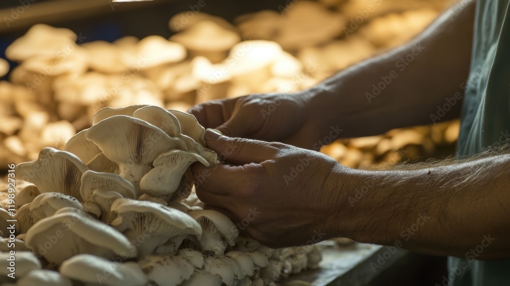 Obraz premium Farmer Harvesting Fresh Mushrooms with Care