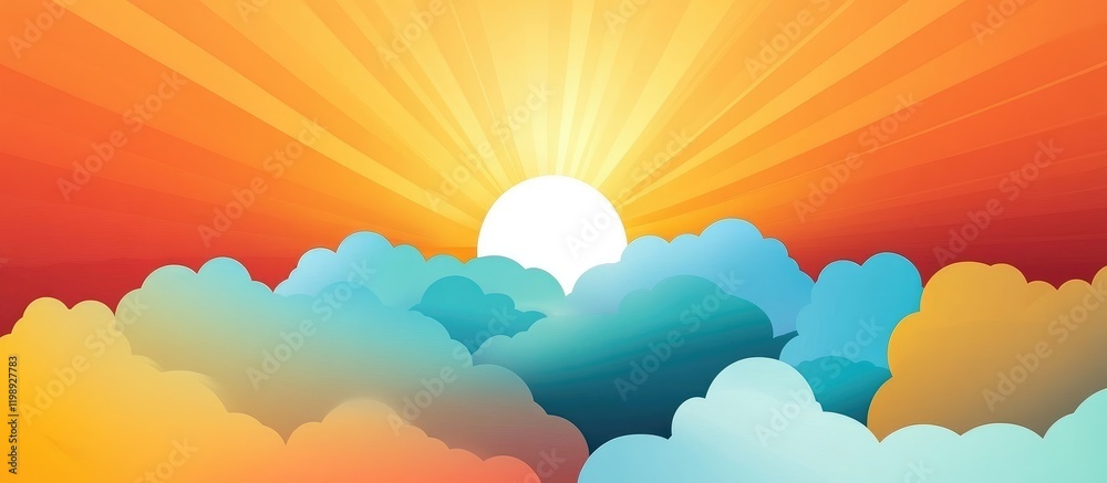 Colorful sunrise illustration with rays of light emerging from behind clouds in shades of orange, yellow, blue, and white Copy Space Colorful sunrise illustration with rays of light emerging from behind clouds in shades of orange, yellow, blue, and white Copy Space