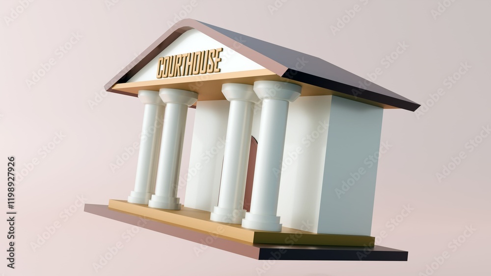 a 3d rendering of stylized, miniature courthouse. It has a simple, symmetrical design, resembling a classic Greek temple in its facade. 