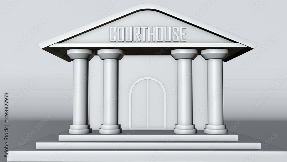 a 3d rendering of stylized, miniature courthouse. It has a simple, symmetrical design, resembling a classic Greek temple in its facade. 