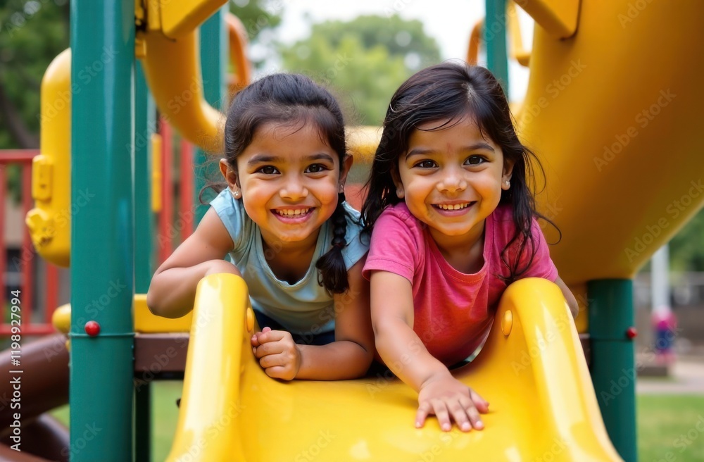 Little children at colorful playground slide, enjoying playful childhood moment, happy kids at vibrant outdoor play area - concept of playground equipment, kids' recreation, outdoor fun. Little children at colorful playground slide, enjoying playful childhood moment, happy kids at vibrant outdoor play area - concept of playground equipment, kids' recreation, outdoor fun.