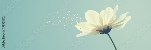 A soft yellow flower bursting into tiny particles, symbolizing pollen or natural dispersion on a light background