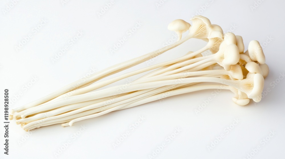 Delicate Fresh Mushrooms with Long Stems on White Surface Delicate Fresh Mushrooms with Long Stems on White Surface