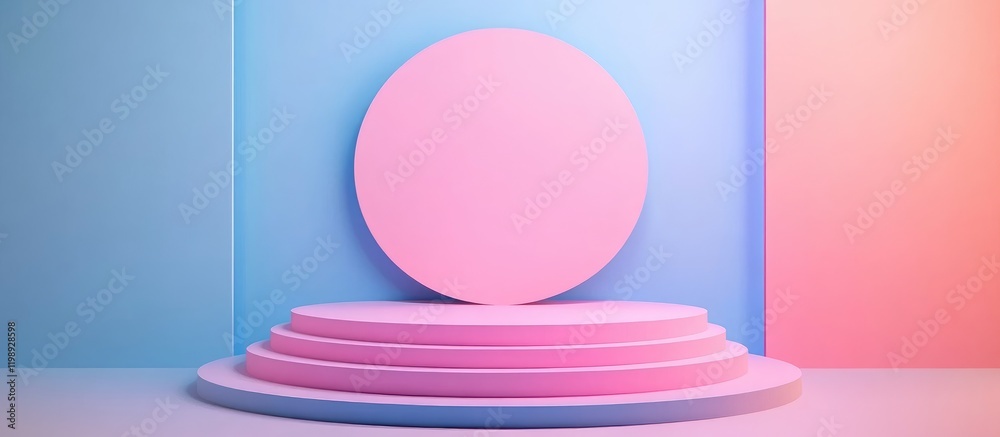 Pink circular pedestal with layered steps against a pastel blue and pink background showcasing modern display and copy space. Pink circular pedestal with layered steps against a pastel blue and pink background showcasing modern display and copy space.