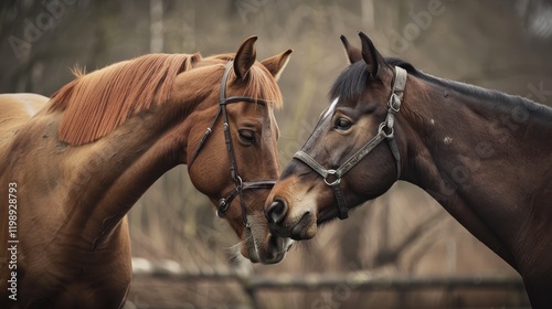 Two horses nuzzling affectionately in close-up photo.