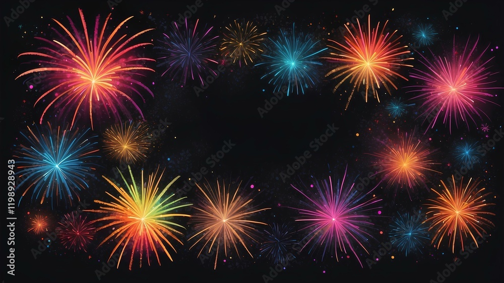 Fototapeta premium Colorful Fireworks Square Banner – Vibrant Festive Display with Glittering Frames, Half Wreaths, Festival Lights, Radiant Bursts, Sparkling Night Sky, Holiday Celebration, and Decorative Elements