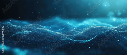 Abstract digital landscape with flowing waves and particles in shades of blue and turquoise Copy Space