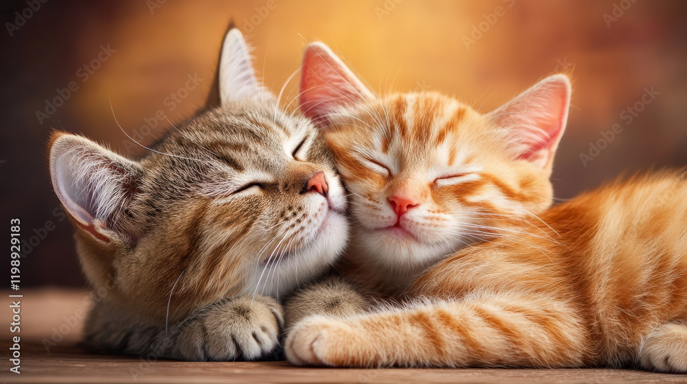 Cuddling cats, one gray and one orange, share warm moment together. Their peaceful expressions evoke feelings of love and companionship in cozy setting Cuddling cats, one gray and one orange, share warm moment together. Their peaceful expressions evoke feelings of love and companionship in cozy setting
