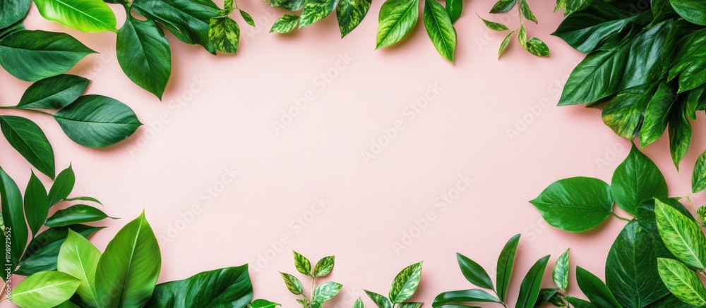 Fresh green leaves border arrangement on soft pink background with copy space for text or design use Fresh green leaves border arrangement on soft pink background with copy space for text or design use