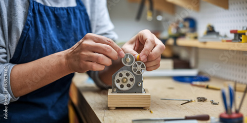 Craftsperson Assembling Mechanical Gears in Workshop. Close-up view of hands carefully assembling a small mechanical device with metal gears on a wooden base.