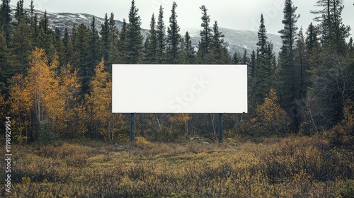 Empty billboard in a forest clearing surrounded by autumn foliage with mountains in background and ample copy space for text. photo