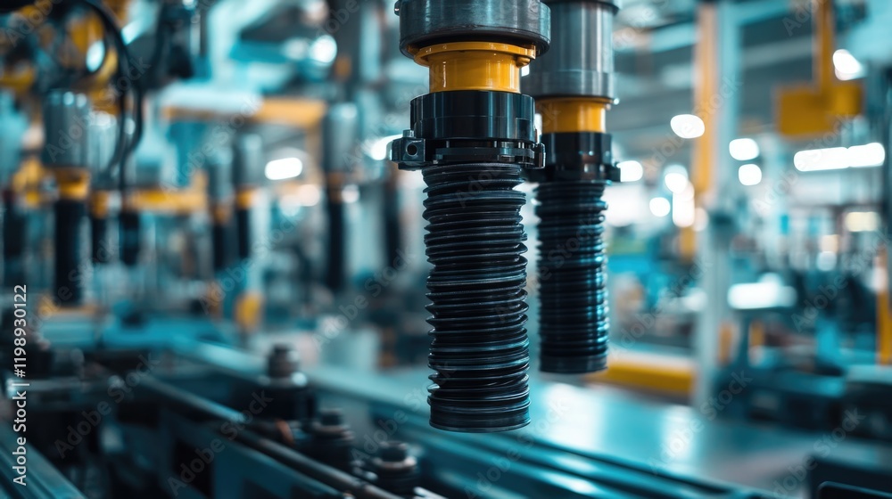 Industrial robotic arms with grippers in a modern manufacturing facility with blurred background and Copy Space for text placement. Industrial robotic arms with grippers in a modern manufacturing facility with blurred background and Copy Space for text placement.