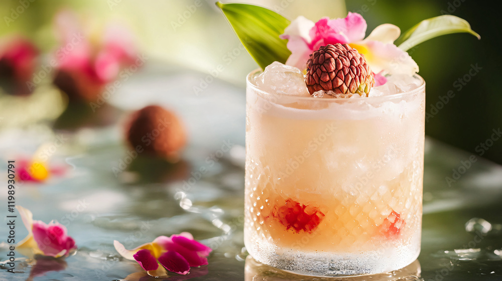 A lychee Mai Tai with fresh lychee juice, garnished with a whole lychee and edible flowers. A lychee Mai Tai with fresh lychee juice, garnished with a whole lychee and edible flowers.