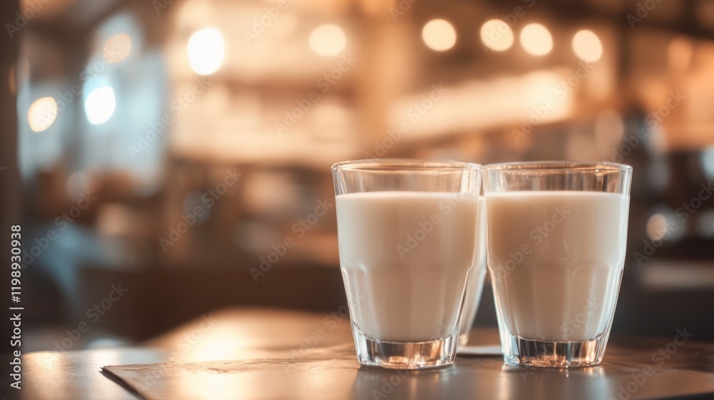 Two glasses of milk on a dark surface in a softly lit cafe interior with blurred background and warm bokeh lights Copy Space Two glasses of milk on a dark surface in a softly lit cafe interior with blurred background and warm bokeh lights Copy Space