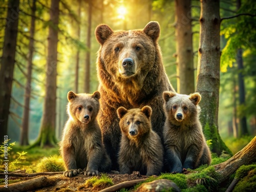 Majestic Bear Family Portrait: Generations of Ursids in a Serene Forest Setting photo