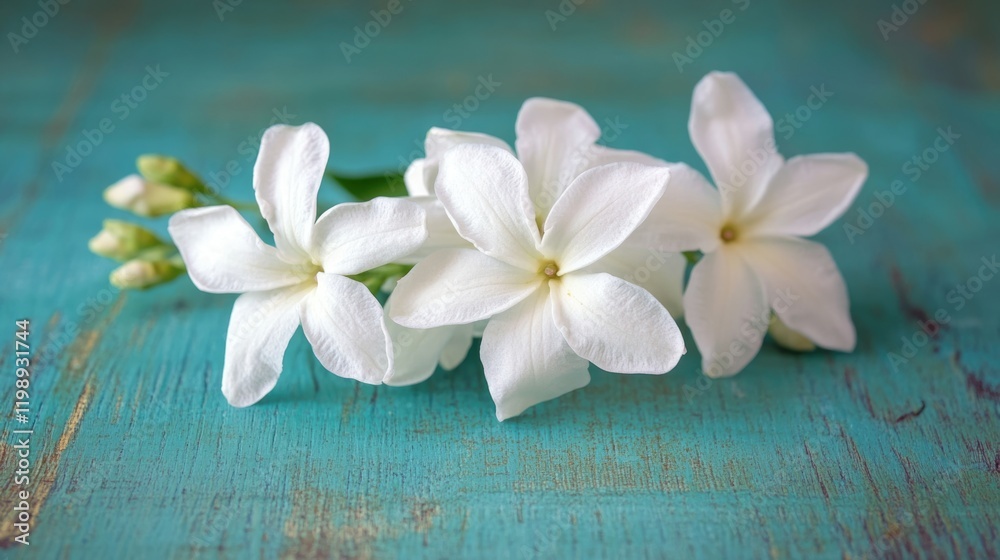 White jasmine flowers arranged on a textured turquoise wooden surface with soft natural lighting and copy space White jasmine flowers arranged on a textured turquoise wooden surface with soft natural lighting and copy space