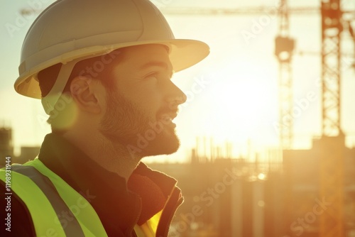 A person wearing a hard hat and safety vest, probably on a construction site or industrial environment photo