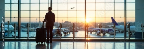 person in suit with rolling suitcase at airport terminal gazing at sunrise