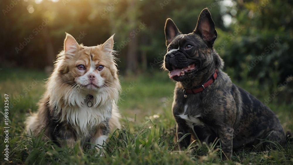 Dog and cat together outside. Fluffy companions. amusing French buldog kitten and dog Dog and cat together outside. Fluffy companions. amusing French buldog kitten and dog