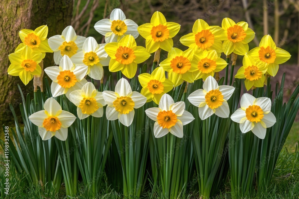Fototapeta premium A cluster of bright yellow and white daffodils growing near the base of a tree