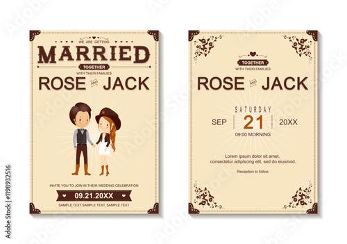 Cute cowboy wedding invitation card set cartoon couple vintage style. Vector template for printable.