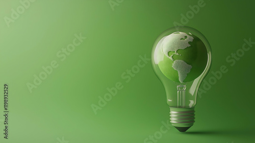 A light bulb with a green globe inside symbolizes eco-friendliness and sustainability against a vibrant green background.