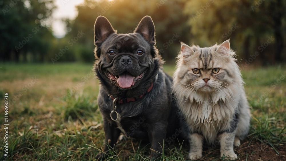 Dog and cat together outside. Fluffy companions. amusing French buldog kitten and dog
