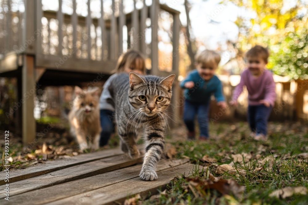 Obraz premium Agile silver tabby cat chasing kids in backyard scene