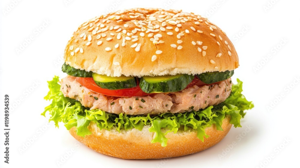 Freshly made sesame seed bun burger with chicken patty, lettuce, tomato, cucumber, and pickles on white background with Copy Space. Freshly made sesame seed bun burger with chicken patty, lettuce, tomato, cucumber, and pickles on white background with Copy Space.
