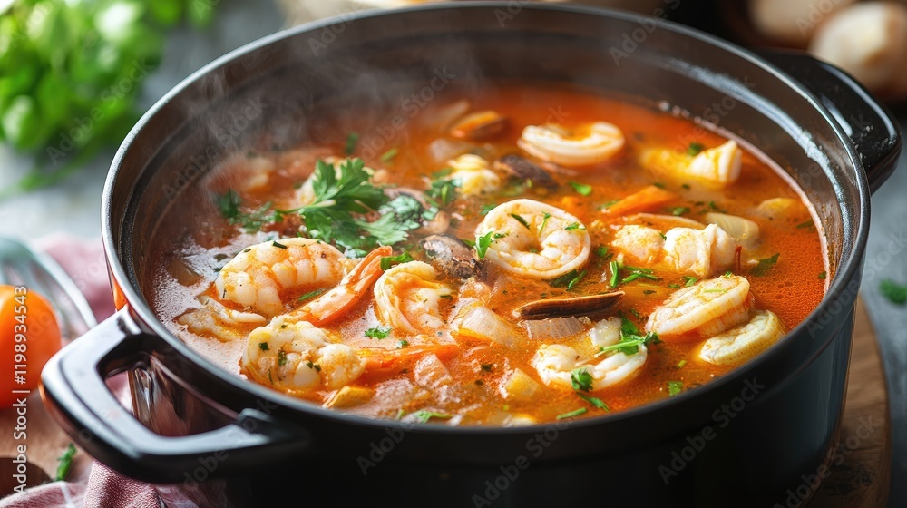 Seafood stew with shrimp and mussels in black pot garnished with fresh herbs on wooden surface with copy space for text Seafood stew with shrimp and mussels in black pot garnished with fresh herbs on wooden surface with copy space for text