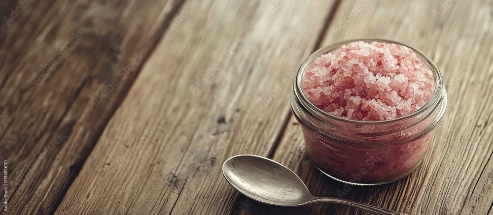 Pink Himalayan salt in a glass jar on a wooden table with a silver spoon Copy Space Pink Himalayan salt in a glass jar on a wooden table with a silver spoon Copy Space