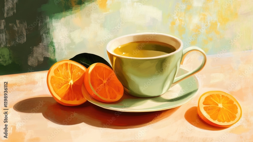 Tea cup with orange slices on a table in a bright sunlit setting with Copy Space for text Tea cup with orange slices on a table in a bright sunlit setting with Copy Space for text