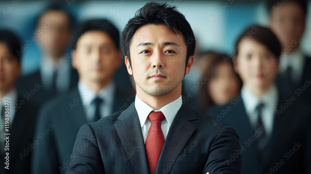 Confident businessman in suit stands in front of group of professionals, showcasing leadership and teamwork in corporate environment Confident businessman in suit stands in front of group of professionals, showcasing leadership and teamwork in corporate environment