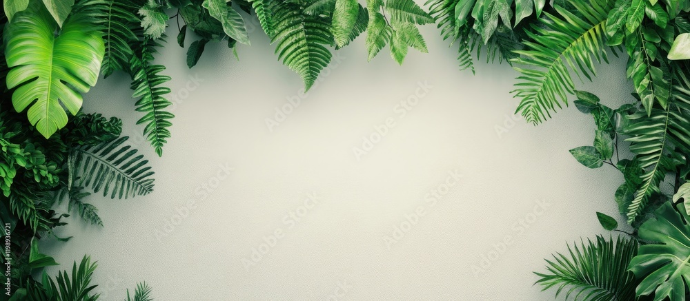 Tropical green foliage border with copy space on a light textured background for nature or gardening themes Tropical green foliage border with copy space on a light textured background for nature or gardening themes