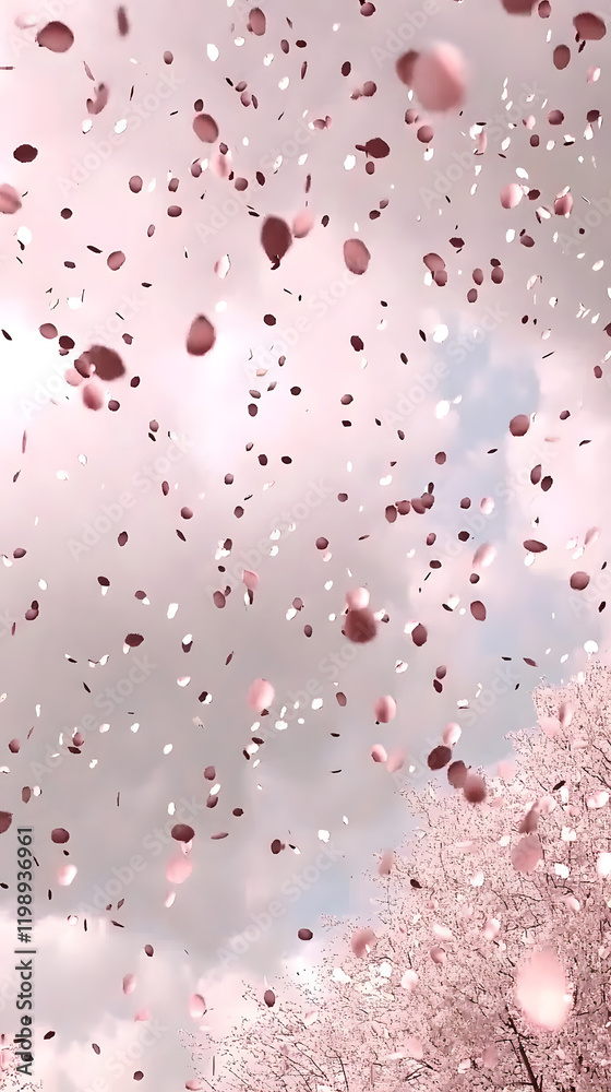 Naklejka premium Cherry blossom petals fluttering in the breeze.