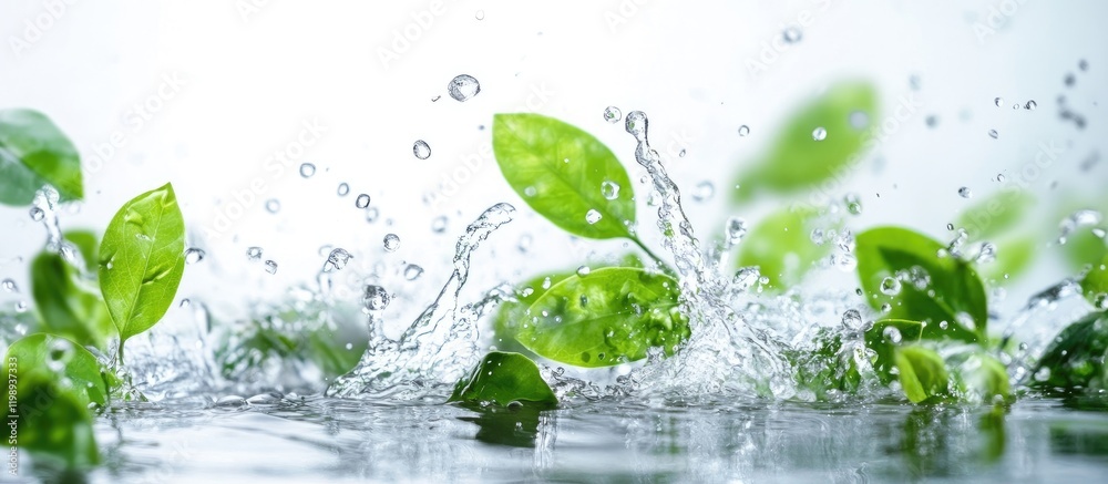 Water splashes with green leaves on a reflective surface against a light background Copy Space Water splashes with green leaves on a reflective surface against a light background Copy Space