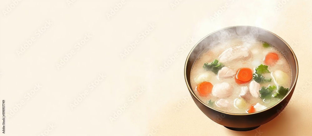 Hot soup in a black bowl with carrots and herbs on a light background with Copy Space for text placement Hot soup in a black bowl with carrots and herbs on a light background with Copy Space for text placement