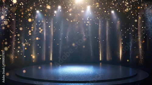 Elegant stage background with spotlight effect and shimmering lights, suitable for event presentations and award ceremonies, Copy Space.