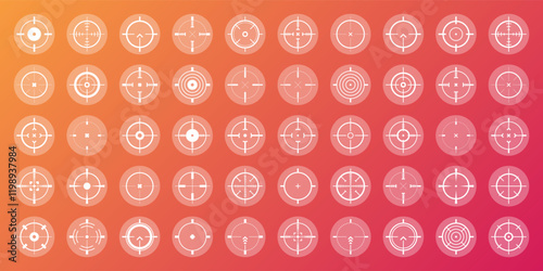 Colorful sniper rifle sights, weapon optical scope crosshair. Hunting gun viewfinder. Shooting mark symbol, aim. Military target sign. Game interface UI element. Vector illustration