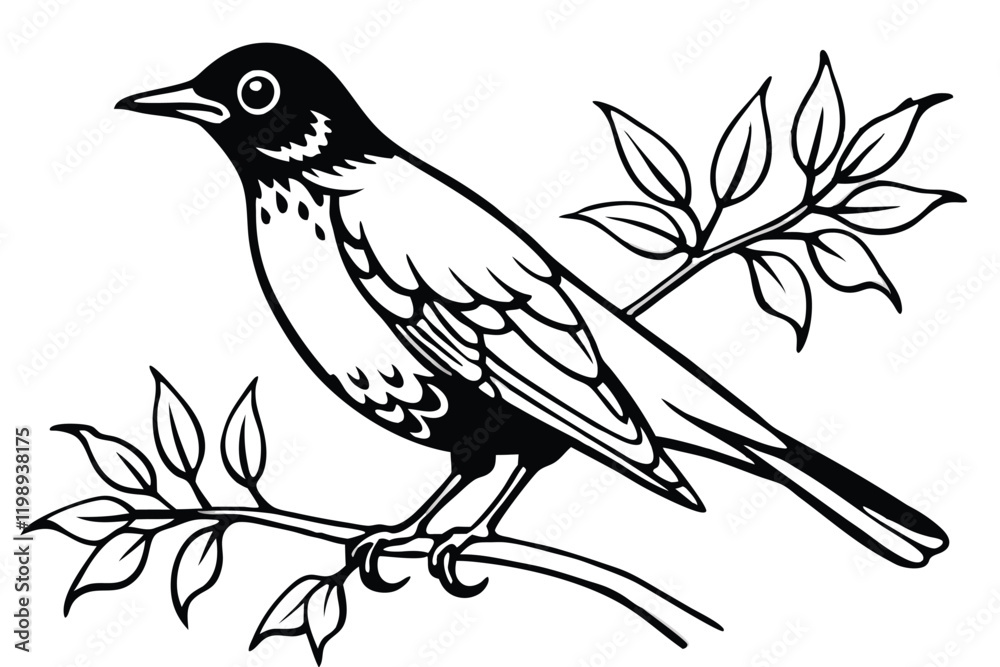 American Robin sitting in the branch vector with line art design American Robin sitting in the branch vector with line art design