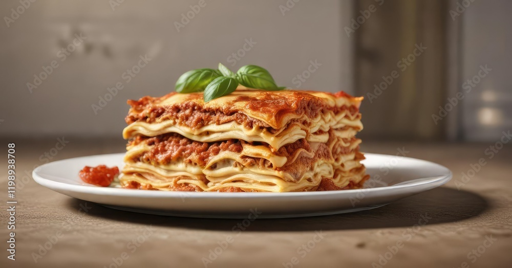 A classic stack of lasagna on a plate with a simple yet elegant background, Italian cuisine, kitchenware A classic stack of lasagna on a plate with a simple yet elegant background, Italian cuisine, kitchenware